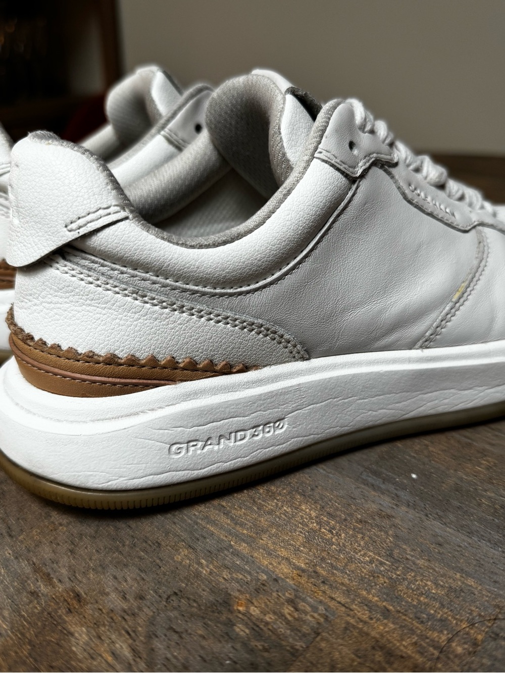 Cole Haan NIKE White Leather Low-Top Sneaker with Brown Heel Accent